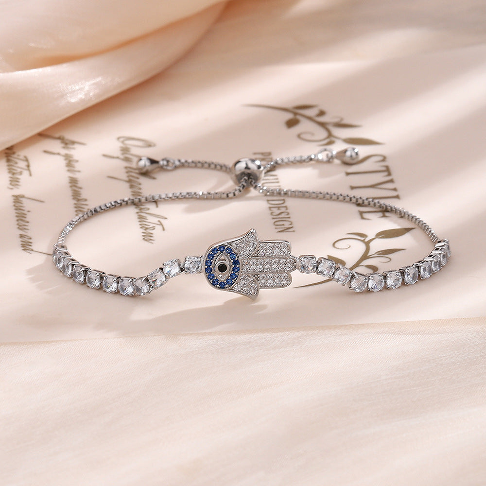 AZURE LEAF Diamond-Studded Hand of Fatima and Evil Eye Bracelet